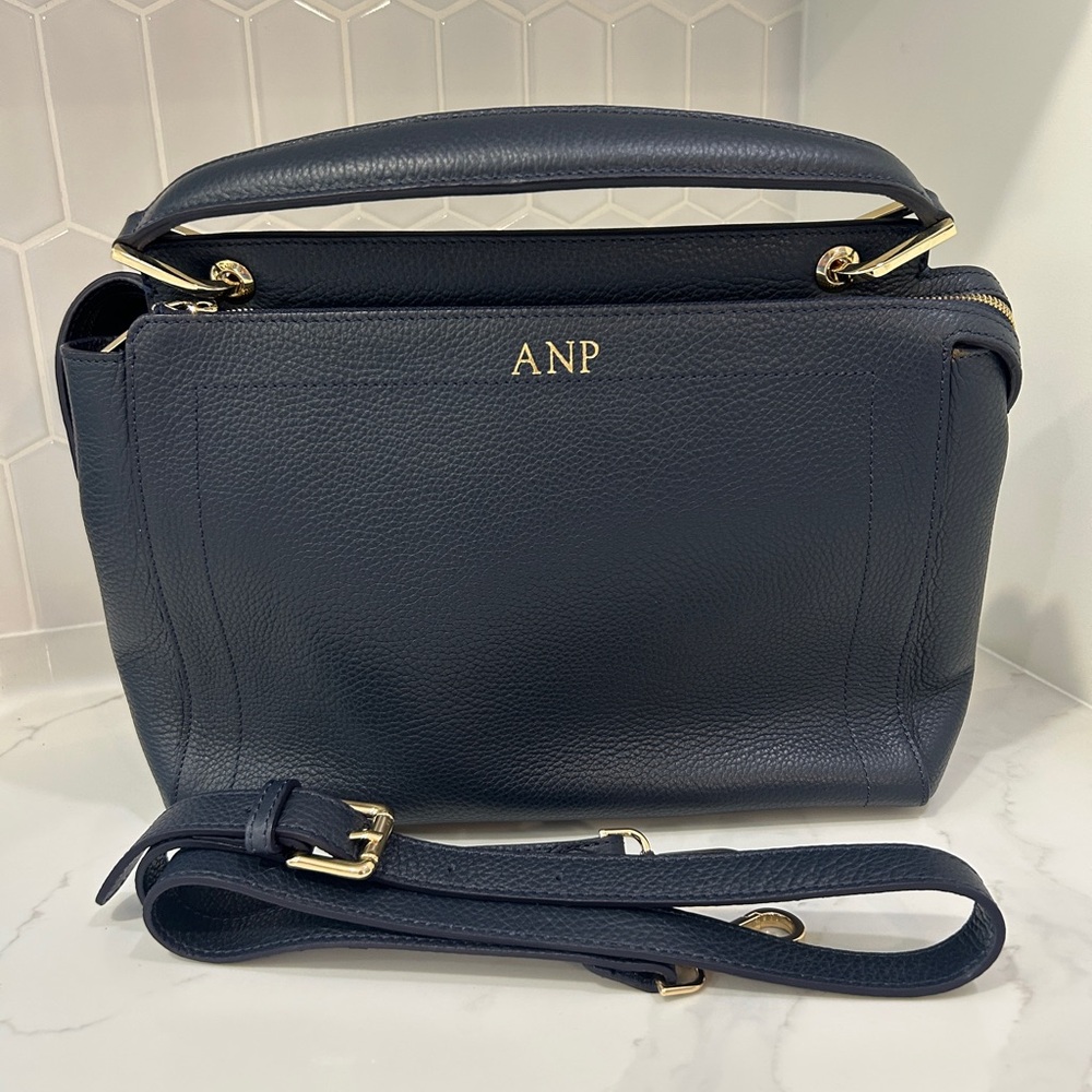 Mon Purse Blue Leather Satchel with Gold Accents